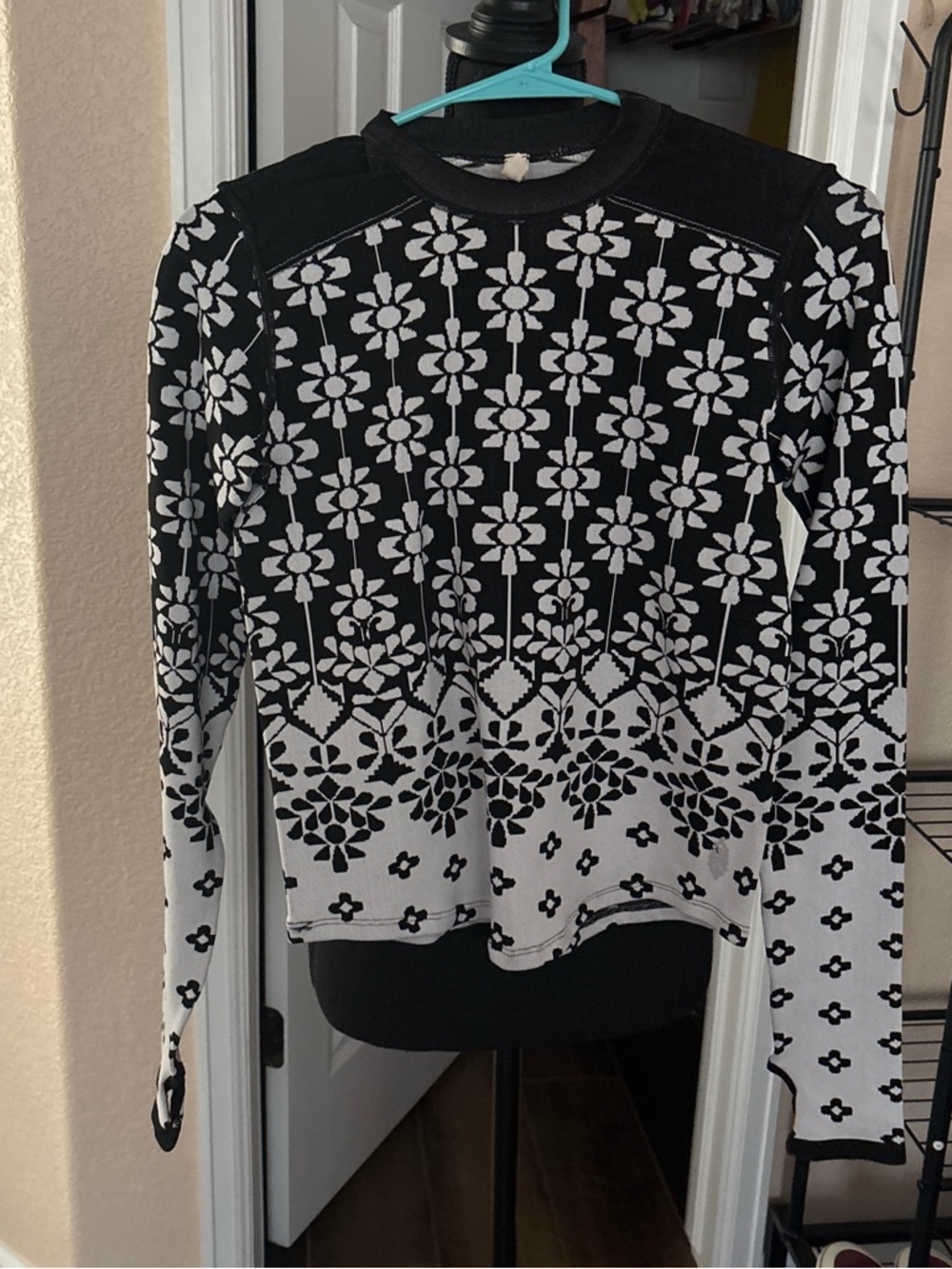 Free People Black and White Floral Knit Sweater